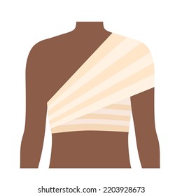 Elastic Bandage On Shoulder. Roll And Wrap Medical Gauze Over A Human Body. Broken Or Injured Bones. Healthcare Concept. First Help In A Clinic. Patient With Trauma Flat Vector Illustration.