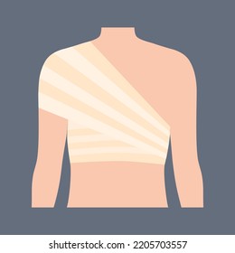 Elastic bandage on shoulder. Roll and wrap medical gauze over a human body. Broken or injured bones. Healthcare concept. First help in a clinic. Patient with trauma flat vector illustration.
