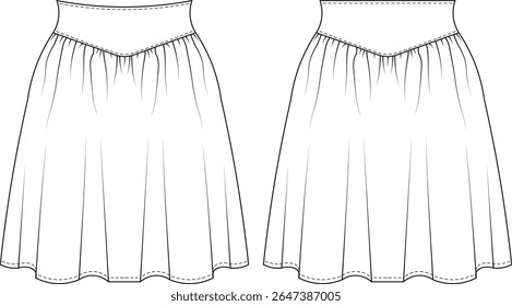 elástico bandada cintura recolhida flred mini curto uma linha saia modelo desenho técnico plano esboço cad maquete moda mulher design estilo modelo 