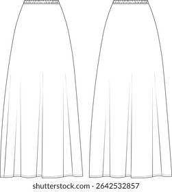 elástico faixa cintura média alta ascensão cintura flred longo maxi uma linha saia modelo desenho técnico plano esboço cad maquete moda mulher design estilo modelo 