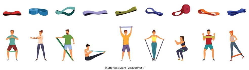  Elastic bands fitness icons set. Resistance band exercises for various muscle groups, promoting strength, flexibility, and rehabilitation