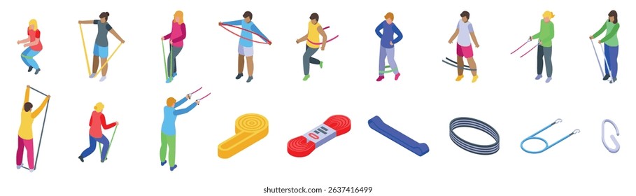  Elastic bands fitness icons set. People using resistance bands for various exercises, promoting fitness, rehabilitation, and strength training