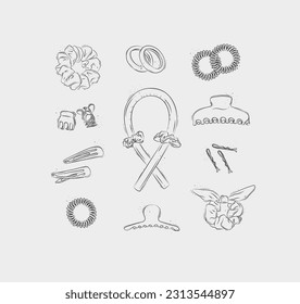 Elastic bands and hair clips collection drawing on light background