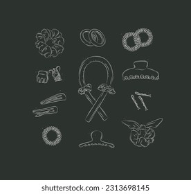 Elastic bands and hair clips collection drawing on black background