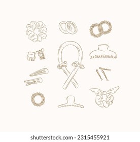 Elastic bands and hair clips collection drawing on brown background