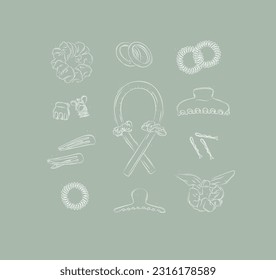 Elastic bands and hair clips collection drawing on green background