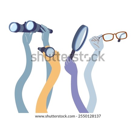 Elastic cartoon hands. Flexible hand looking around, hold eyeglasses, binocular, magnifying glass and telescope. Search discovery vector concept