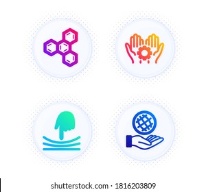 Elastic, Chemical formula and Employee hand icons simple set. Button with halftone dots. Safe planet sign. Resilience, Chemistry, Work gear. Ecology. Science set. Gradient flat elastic icon. Vector