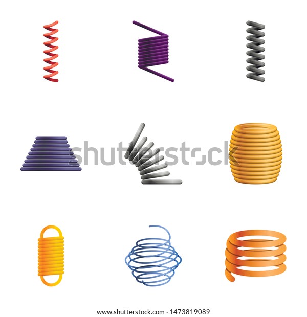 Elastic\
coil spring icon set. Cartoon set of 9 elastic coil spring vector\
icons for web design isolated on white\
background