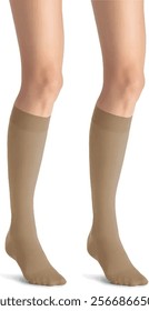 Elastic compression socks. Compression stockings, grade firm support, opaque, open toe knee high compression socks for varicose veins, edema, shin splints, nursing, travel, beige. Vector illustration.