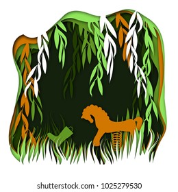 Elastic energy concept with playground spring toy, rain boot  and grass and willow landscape. Kinds of energy. Science for kids. Paper cut out style vector illustration.