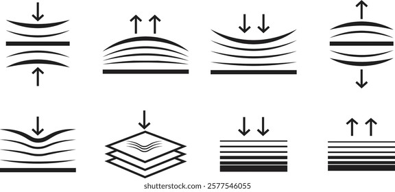 Elastic flexibility icon set. Compact and push arrow sign. Stretched and compressed element, Flexible pressure symbol. Quality design element. Resilience material sign. Editable stroke.