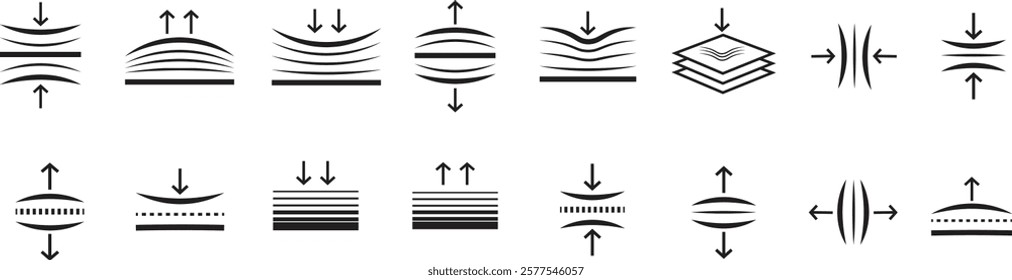 Elastic flexibility icon set. Compact and push arrow sign. Stretched and compressed element, Flexible pressure symbol. Quality design element. Resilience material sign. Editable stroke.