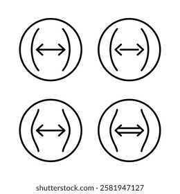 Elastic or flexible material icon set. Tension lines of some stuff round symbols. Two sided arrows with bended side surfaces. Adjustable stroke.