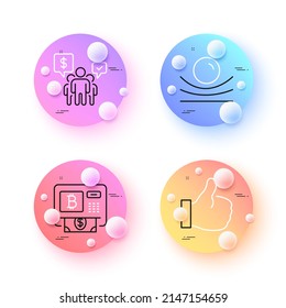 Elastic material, Bitcoin atm and Like minimal line icons. 3d spheres or balls buttons. Teamwork icons. For web, application, printing. Resilience, Cryptocurrency change, Thumbs up. Vector