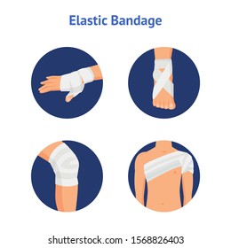 Elastic Medical Bandage on Wrapped Around HumanIcon Set Body Parts Include of Knee, Hand and Leg. Vector illustration