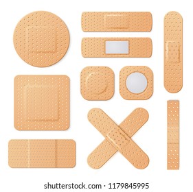 Elastic medical plasters. Adhesive bandage, called a sticking plaster collection. Vector flat style cartoon plasters illustration isolated on white background