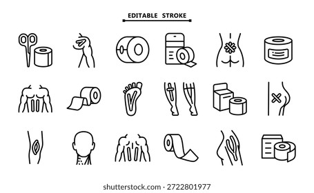 Elastisches therapeutisches Band. Bearbeitbarer Strich. Kinesiologie-Bandsymbole eingestellt. Schwellung der Muskeln und Schmerzlinderung. Gelenke und Bänder unterstützen. Isolierte Vektorgrafik.