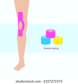 Elastic therapeutic tape. Kinesiology tape on the human knee. KT method, elastic strip purported to ease pain from athletic injuries. Protection for muscles and ligaments flat vector illustration.