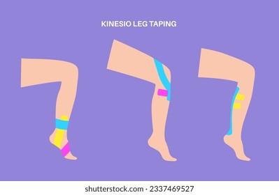 Elastic therapeutic tape. Kinesiology tape on human knee and achilles. KT method, elastic strip purported to ease pain from athletic injuries. Protection for muscles and ligaments vector illustration.