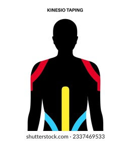 Elastic therapeutic tape. Kinesiology tape on shoulder and abdomen. KT method, elastic strip purported to ease pain from athletic injuries. Protection for muscles and ligaments vector illustration.