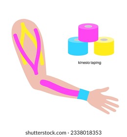 Elastic therapeutic tape. Kinesiology tape on arm. KT method, elastic strip purported to ease pain from injuries. Protection and fixation for shoulders muscles and wrist ligaments vector illustration.