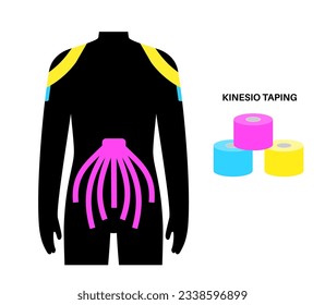 Elastic therapeutic tape. Kinesiology tape on shoulder and abdomen. KT method, elastic strip purported to ease pain from athletic injuries. Protection for muscles and ligaments vector illustration.