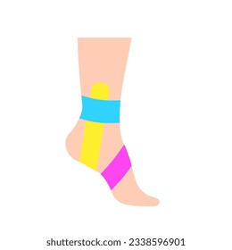 Elastic therapeutic tape. Kinesiology tape on the human ankle. KT method, elastic strip purported to ease pain from athletic injuries. Protection for muscles and ligaments flat vector illustration.