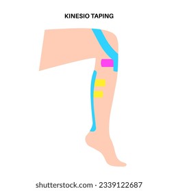 Elastic therapeutic tape. Kinesiology tape on human knee and achilles. KT method, elastic strip purported to ease pain from athletic injuries. Protection for muscles and ligaments vector illustration.