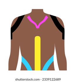 Elastic therapeutic tape. Kinesiology tape on shoulder and abdomen. KT method, elastic strip purported to ease pain from athletic injuries. Protection for muscles and ligaments vector illustration.