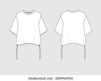 elastic waist cropped tshirt, front and back, drawing technical flat sketches of garments with vector illustration.