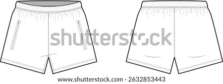 Elastic Waist Shorts With Two Front Pockets with Invisible Zippers- Front and Back View- Flat Vector Illustration- CAD Mock-up