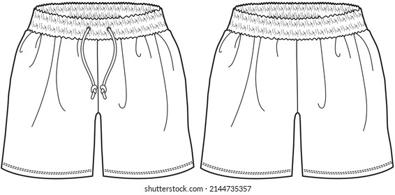 elastic waist unisex short pant technical drawing vector illustration. front and back view template. CAD mockup.