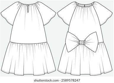 ELASTICATED NECK A LINE DRESS WITHH RAGLAN SLEEVES AND BIG BOW DETAIL DESIGNED FOR KID GIRLS TWEENS AND TEEN GIRLS IN VECTOR FILE	
