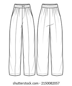 Elasticated Waistband Pant with Front Button Closure, Pyjama Pant Front and Back View. Fashion Illustration, Vector, CAD, Technical Drawing.