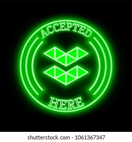 Elastos (ELA) green  neon cryptocurrency symbol in round frame with text "Accepted here". Vector illustration isolated on black background