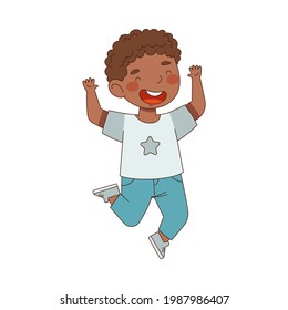 Elated African American Boy Jumping with Joy Expressing Excitement and Happiness Vector Illustration