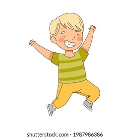 Elated Blond Boy Jumping with Joy Expressing Excitement and Happiness Vector Illustration