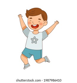 Elated Boy in Shorts Jumping with Joy Expressing Excitement and Happiness Vector Illustration