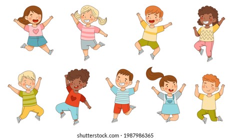 Elated Children Jumping with Joy Expressing Excitement and Happiness Vector Set