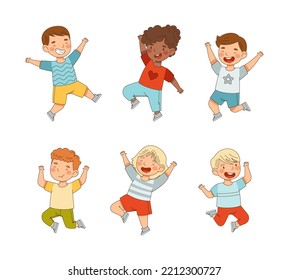 Elated Children Jumping with Joy Expressing Excitement and Happiness Vector Set