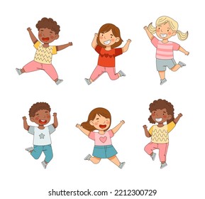 Elated Children Jumping with Joy Expressing Excitement and Happiness Vector Set