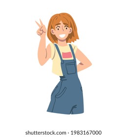 Elated Female Showing V Sign with Her Hand as Approval or Agreement Gesture Vector Illustration