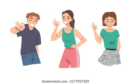 Elated Male and Female Showing Ok Sign as Approval or Agreement Gesture Vector Set