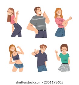 Elated Male and Female Showing Positive Gesture Vector Set