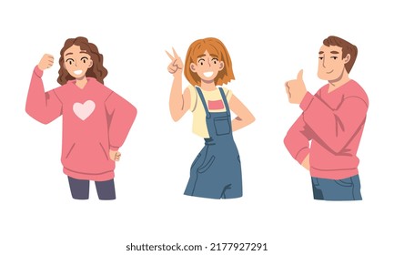 Elated Male and Female Showing V Sign and Thumb Up as Approval or Agreement Gesture Vector Set