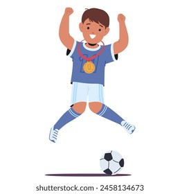 Elated Young Soccer Champion Boy Jumps In Joy, Sporting A Golden Medal. Football Player Kid Character Celebrating His Triumph On The Field With A Soccer Ball At His Feet. Cartoon Vector Illustration