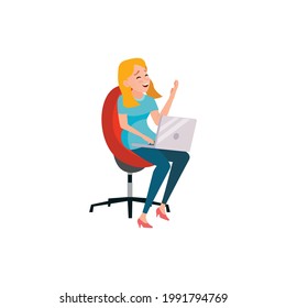 elation woman watching video clip on laptop device cartoon vector. elation woman watching video clip on laptop device character. isolated flat cartoon illustration