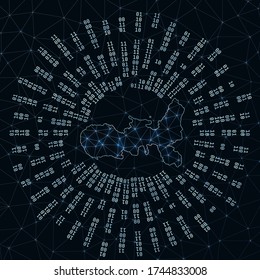 Elba digital map. Binary rays radiating around a glowing island. Internet connections and data exchange design. Vector illustration.