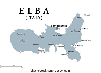 Elba, gray political map. Mediterranean island in Tuscany, Italy, with capital Portoferraio. Located in Tyrrhenian Sea and largest island in the Tuscan Archipelago. Site of the first exile of Napoleon